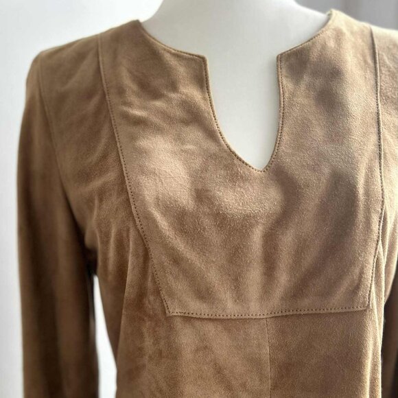 Vintage 1969 Camel Brown Nubuck Leather Tunic Top with Notched Neck – US S - Picture 4 of 13